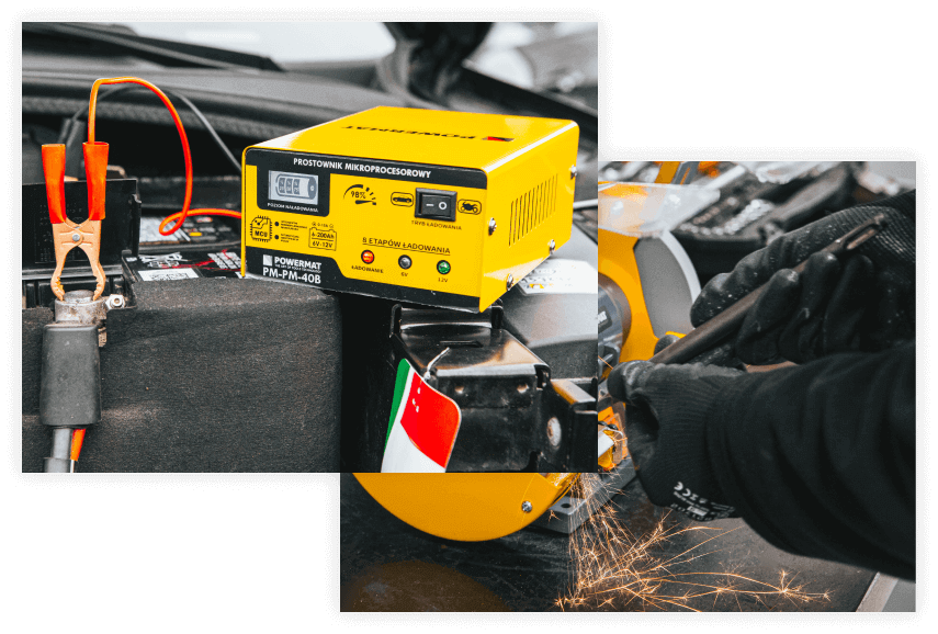 Narzędzia warsztatowe - prostownik mikroprocesorowy i szlifierka POWERMAT